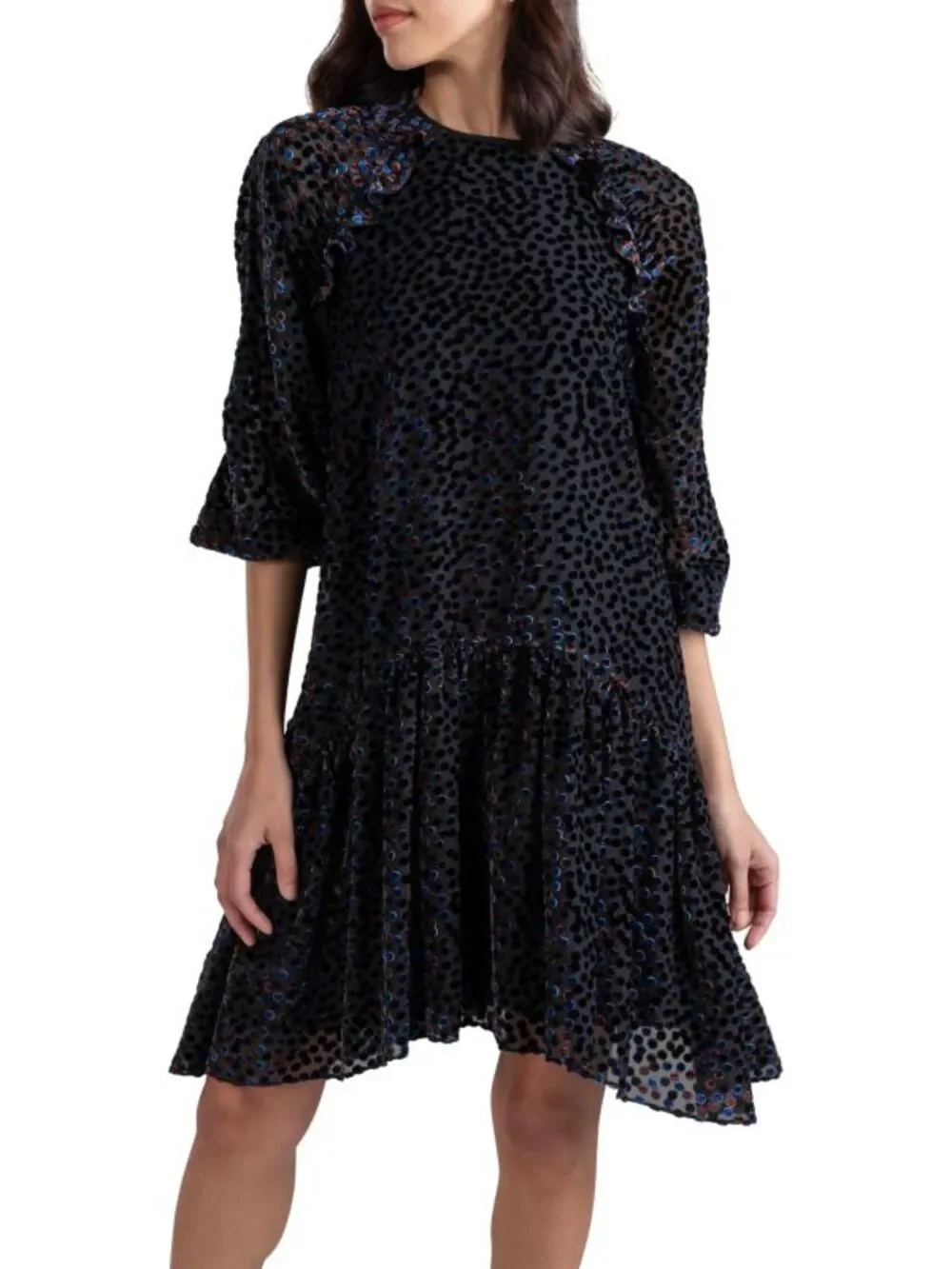 Anthropologie Dress Shoshanna Henley Flocked Dot Jet Mocha Navy Velvet Chiffon 8 - Picture 1 of 7